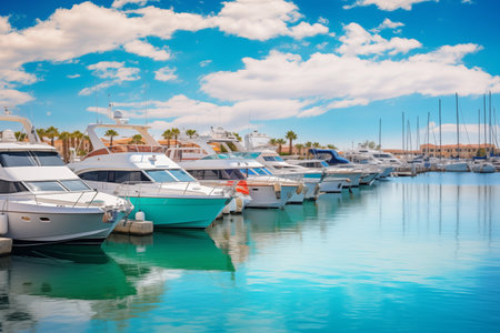 Lots of motorboats, sailboats and yachts docked at bustling marina with calm water and tranquil scene. Generative AIの素材