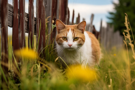 Curious barn cat prowling along a fence line, its keen eyes focused on the hunt as it stalks through the tall grass. Cute fluffy animal looking at camera on sunny day outdoor. Generative AIの素材