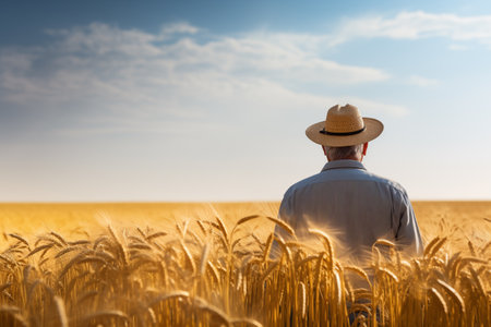 Farmer standing amidst a field of golden wheat. Mature pensive man enjoying the moment. Generative AIの素材