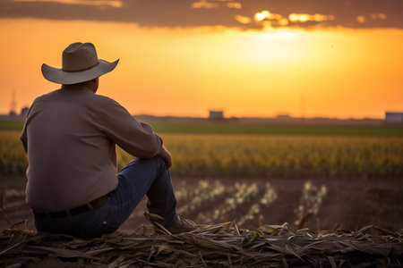 Farmer taking a moment of quiet reflection at the end of a long day, watching the sun dip below the sunset and feeling a sense of fulfillment in the hard work accomplished. Generative AIの素材