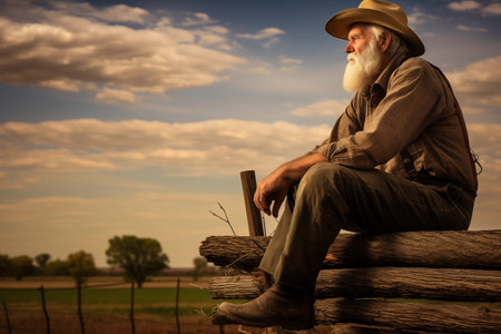 Contented farmer sitting on a rustic wooden fence. Surveying the sprawling expanse of his land with a sense of pride and fulfillment. Generative AIの素材