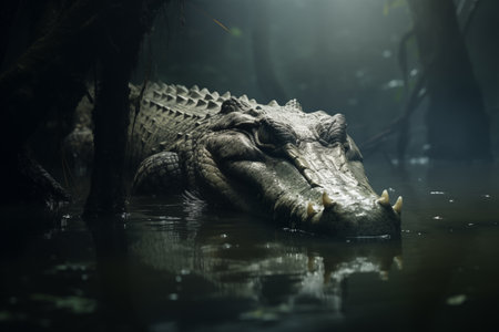 Crocodile hunting stealthily in the murky depths of a swamp. Its muscular body poised for action as it stalks its prey. Dangerous carnivore under water. Generative AIの素材