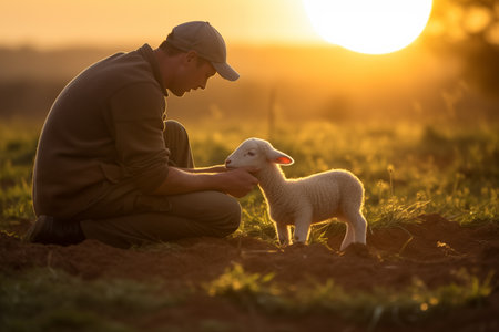 Farmer kneeling beside a newborn lamb in a sun-drenched pasture. Cute baby furry animal with friendly smiling man resting on field at sunrise. Generative AIの素材