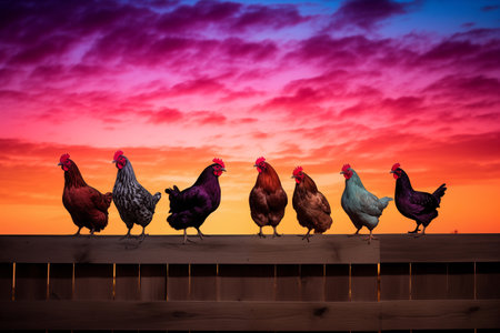 Group of chickens roosting on a wooden fence at sunset, their silhouettes outlined against the colorful sky as they settle in for the night. Many chicken on wooden surface together. Generative AIの素材