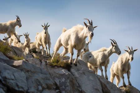 Herd of goats climbing up rocky terrain. Their nimble movements and sure-footedness showcasing their adaptability to rugged landscapes. Group of white goats walking on rocks together. Generative AIの素材