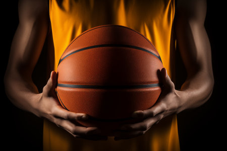 Closeup of basketball ball in hands of player close-up. Rubber round shape equipment for playing professional team game. Generative AIの素材