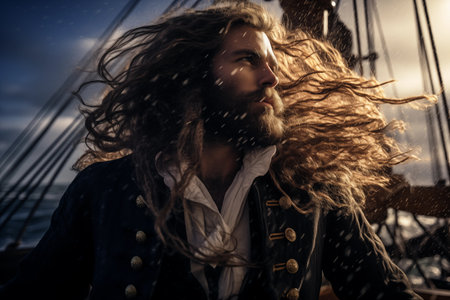 Daring pirate captain, standing proudly on the deck of their ship, with the wind blowing through their hair. Historical bearded man standing and looking at horizon. Generative AIの素材