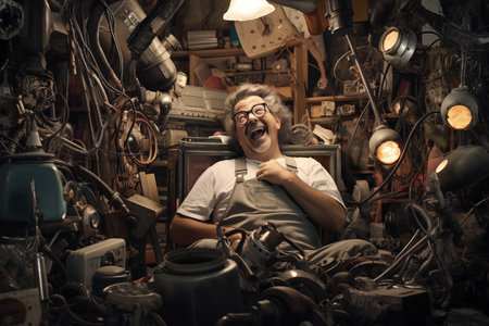 Funny inventor, surrounded by a cluttered workshop filled with gadgets and gizmos. His face alight with excitement and curiosity as they bring their latest creation to life. Generative AIの素材