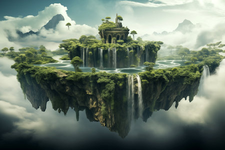 Magical floating island, suspended in the clouds and adorned with cascading waterfalls and lush vegetation. Evoking a sense of wonder and awe. Generative AIの素材