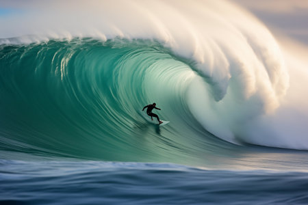 Surfer riding a massive wave, framed by the ocean's vast expanse and the sky above. Epic moment featuring sportsman on water. Generative AIの素材