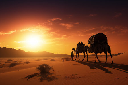 Caravan crossing the endless sands of a desert. Silhouetted against the blazing sun, as they journey towards distant horizons. Generative AIの素材