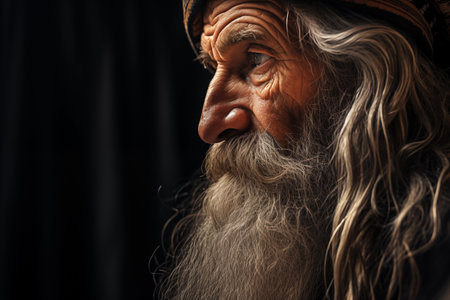 Wise spiritual elder with long gray beard. Mature bearded man looking at camera. Generative AIの素材