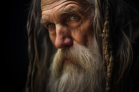 Wise spiritual elder with long gray beard. Mature bearded man looking at camera. Generative AIの素材