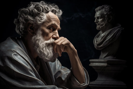 Pensive philosopher deep in thought. Mature bearded man sitting with statue nearly. Pensive elderly male person. Generative AIの素材