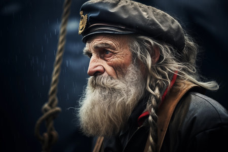 Mature weathered fisherman, standing at the helm of their boat, wind-whipped hair and salt-streaked face telling tales of countless voyages upon the open sea. Generative AIの素材