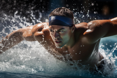 Swimmer diving into the pool, the water splashing around them as they begin their race. Professional muscular man on competitions. Generative AIの素材