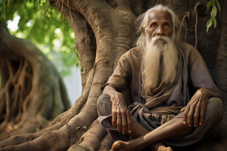 Old wise spiritual elder wearing white clothes sitting under tree. Mature bearded man looking at camera. Generative AIの素材