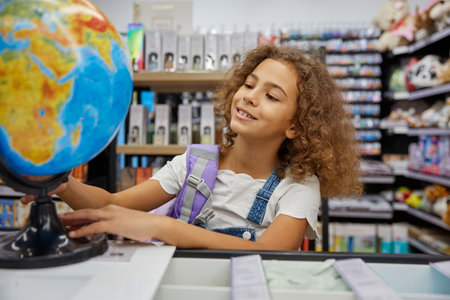 Little girl playing with school earth globe while shopping education stationeryの写真素材