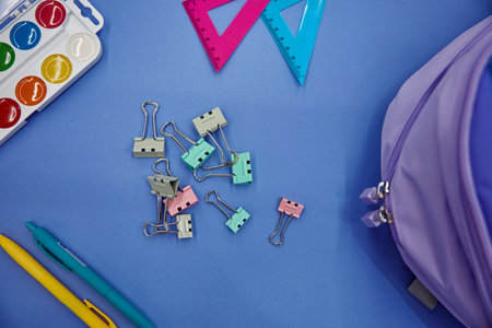 Back to school background with studying supplies flat layの写真素材