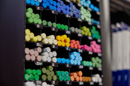 Colorful chalk crayons kit on rack display for sale in stationery shop