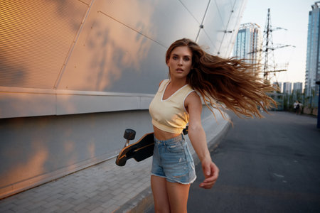 Charming young woman with skateboard looking at camera with smile