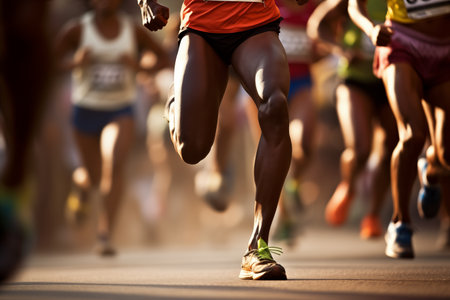 Running marathon outdoor on street. Legs of group of people on race in morning. Health action sport. Generative AIの素材