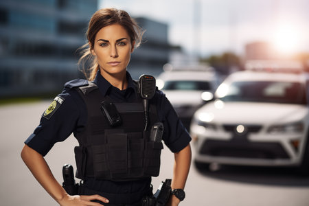 Police officer woman wearing uniform standing nearby patrol car on street. Generative AIの素材