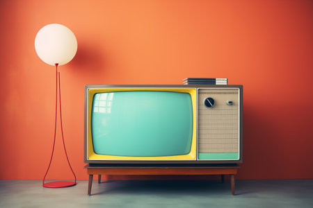 Retro old TV in old-fashioned interior. Small vintage television set on wooden surface. Generative AIの素材
