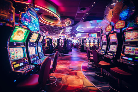 Slot machines in casino. Brightly apparatus for gambling. Place for spending money for fun. Fortune and nightlife. Generative AIの素材