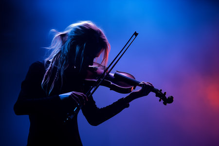 Young lady playing violin on scene. Female artist enjoy playing. Classic music concert. Generative AIの素材