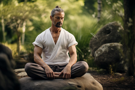 Man in calm forest meditating. Man wearing white cloth sitting on rocks outdoor and enjoying moment. Time for solitude with nature. Generative AIの素材