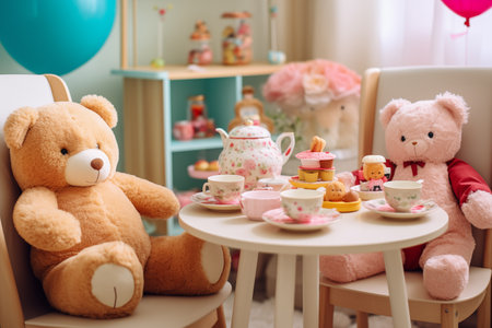 Children's game of teddy bears drinking tea at table. Small cute toys sitting together in kids room. Generative AIの素材