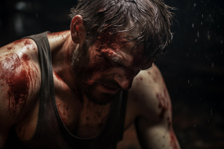 Dirty and wounded face of an exhausted fighter after the battle. Generative AIの素材