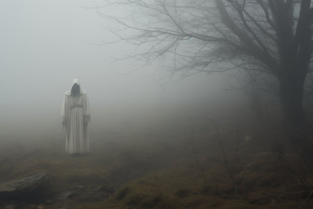 Creepy person wearing biblical costume standing in mystery foggy forest. Ghost in white outdoor. Foggy landscape. Generative AIの素材