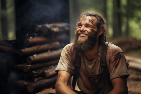 Tired happy lumberjack taking break. Satisfied workman smiling after hard day work. Generative AIの素材