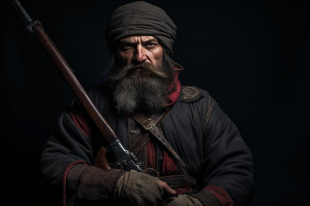 Portrait of senior aged cossack warrior with rifle. Historical heroes in national folk clothes. Generative AIの素材