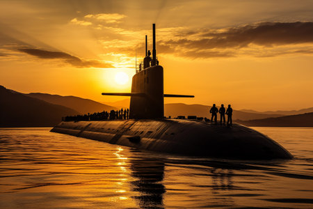 Submarine against the golden hues of sunset. Large long boat on calm evening. Calm weather. Generative AIの素材
