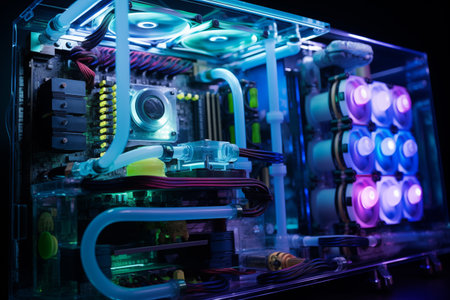 Liquid cooling system with transparent tubing for CPU. Heat dissipating device for mainframe central processing unit. Generative AIの素材