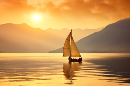 Sailing boat across serene lake at dawn with sun rising over distant mountains and casting golden glow on tranquil waters. Marine travel vacation time. Generative AIの素材