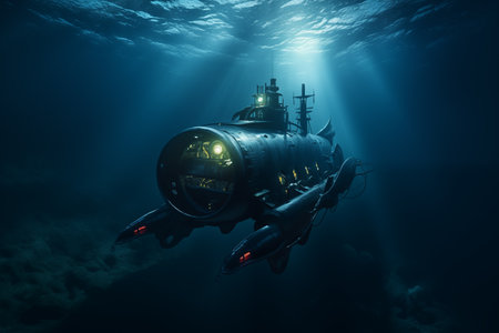 Small scientific submarine exterior with illuminating lights. Underwater world exploration and discovery. Generative AIの素材