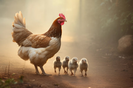 Morning mother hen leading her chicks across the barnyard. Her protective instincts evident as she guides them to safety. Chicken family having a walk in countryside together. Generative AIの素材