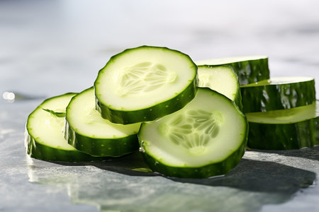 Fresh cucumber slices with droplets close-up. Wet green vegetable background. Generative AIの素材