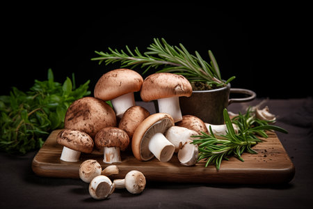 Raw fresh mushrooms with greenery on wooden surface. Forest harvest in board. Tasty vegetables. Generative AIの素材
