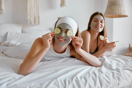 Two girl friends celebrating home spa party togetherの写真素材