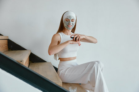 Young woman enjoying home beauty procedure with natural handmade cosmeticsの写真素材