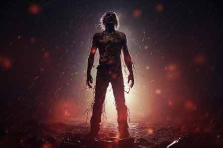 Creepy zombie standing in the rain with muddy clothing and emerging from the mist, surrounded by sparks. Creepy unrecognizable revived human on road. Generative AIの素材