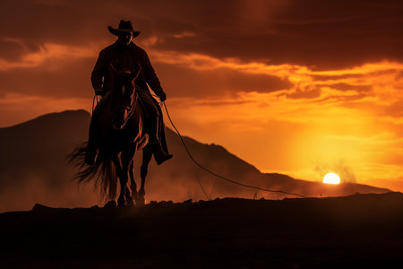 Lone cowboy riding horse silhouetted against a blazing sunset. Rider man in the desert. Generative AIの素材