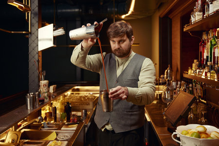 Bartender mixing cocktail using traditional shaking cups