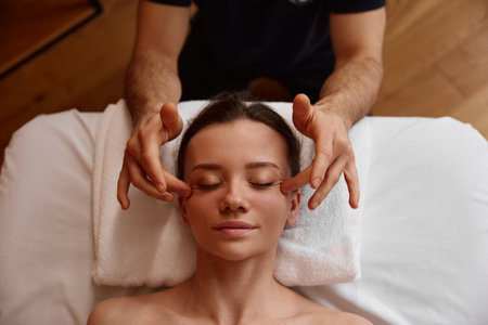 Closeup of professional masseuse doing stress relief massageの写真素材