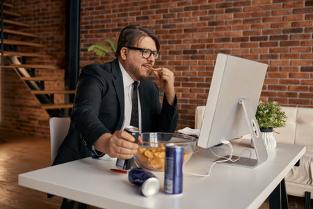 Excited happy businessman eating snack and during online work at home officeの写真素材